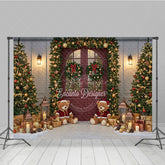 Aperturee - Aperturee Christmas Red Door Photography Backdrop Teddy Bears in the Snow with Garland Holiday Mini Session Background